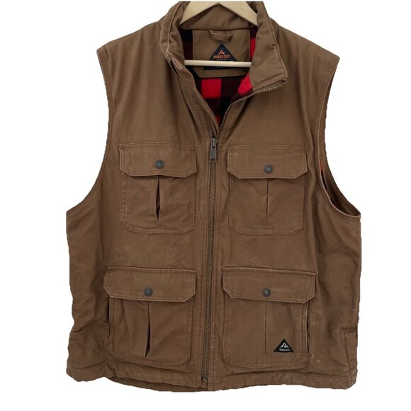 RIDGECUT TOUGHWEAR Canvas Vest Men's XL Brown Plaid Fleece Lining Workwear - Picture 1 of 8